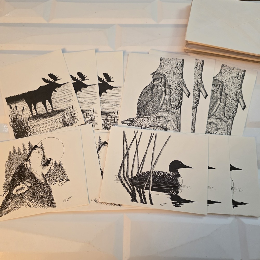 Vintage Glen Scrimshaw Black & White Wildlife 12 Note Cards Set